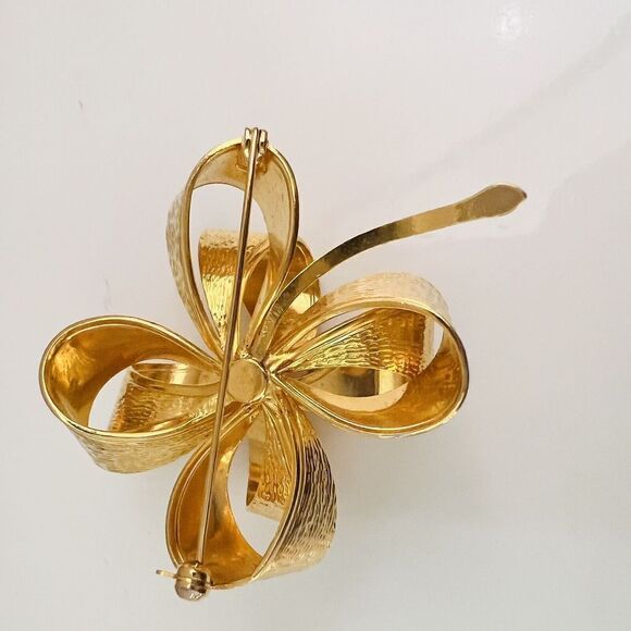 Vintage 3d Brooch Large Ribbon Bow Textured Gold Tone 4313 - Picture 7 of 9